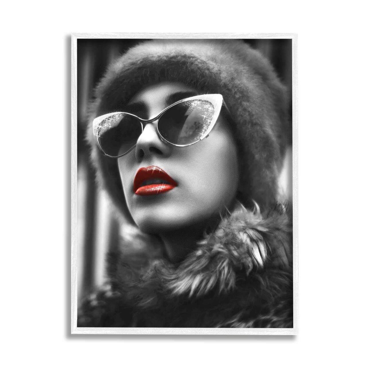Stupell Industries Fashion Woman Red Lips Glam Sunglasses Fur Coat Framed Wall Art